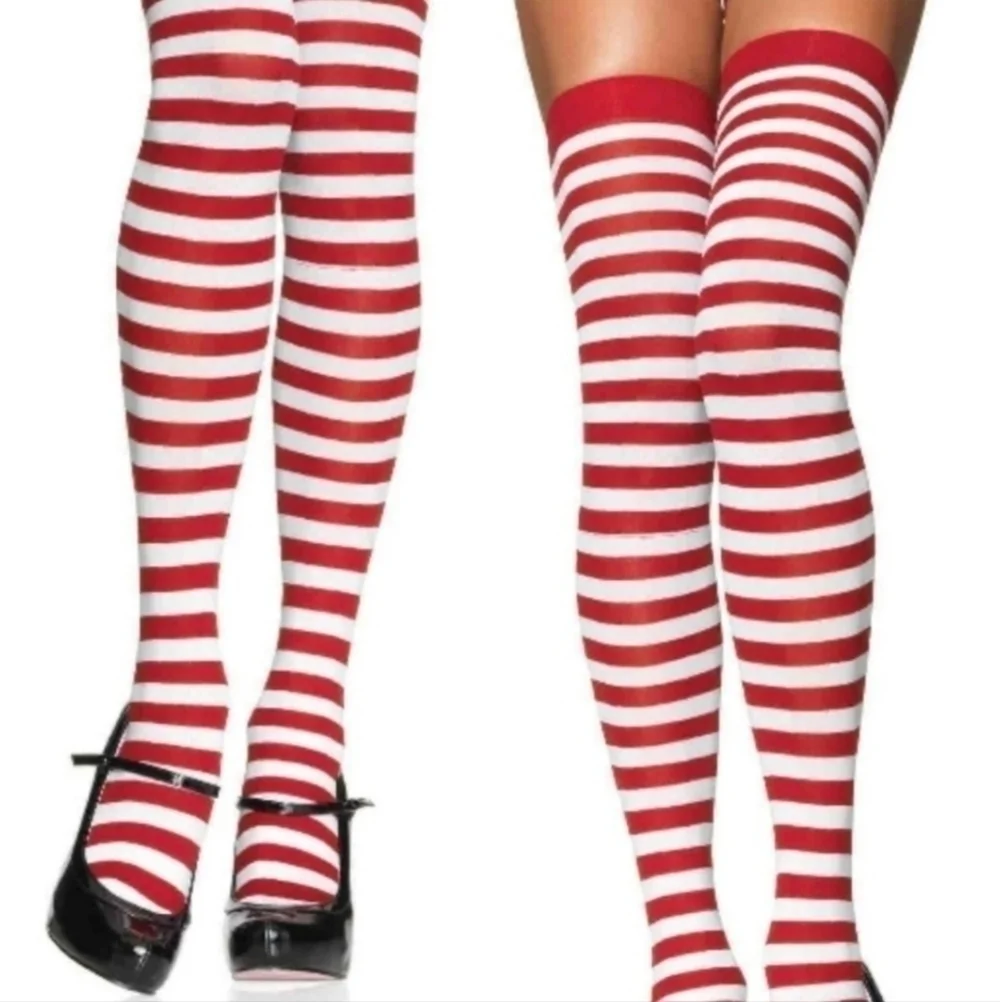 NWT Punk Goth Red White Stripe Thigh High Stockings OS Fits Most Candy Cane New